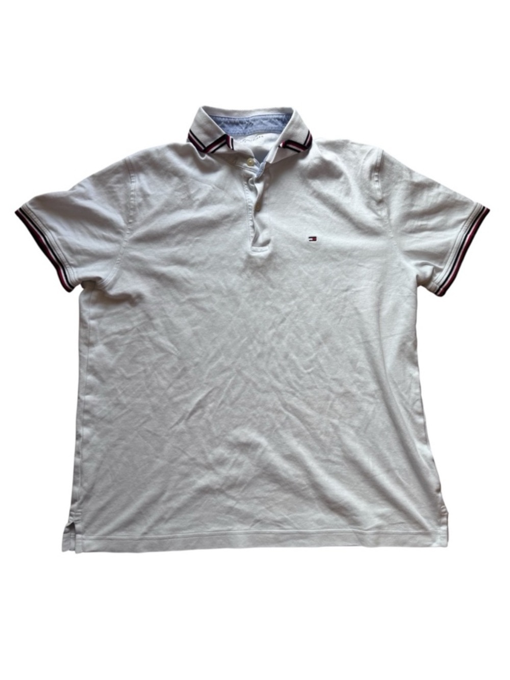 Tommy Hilfiger White Striped Button Down Casual Polo Short Sleeve T-Shirt Logo